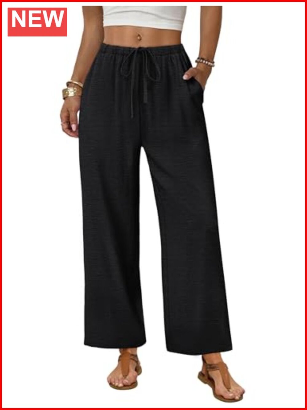 Wide Leg Palazzo Pants Drawstring Elastic Waist Pants with Pockets